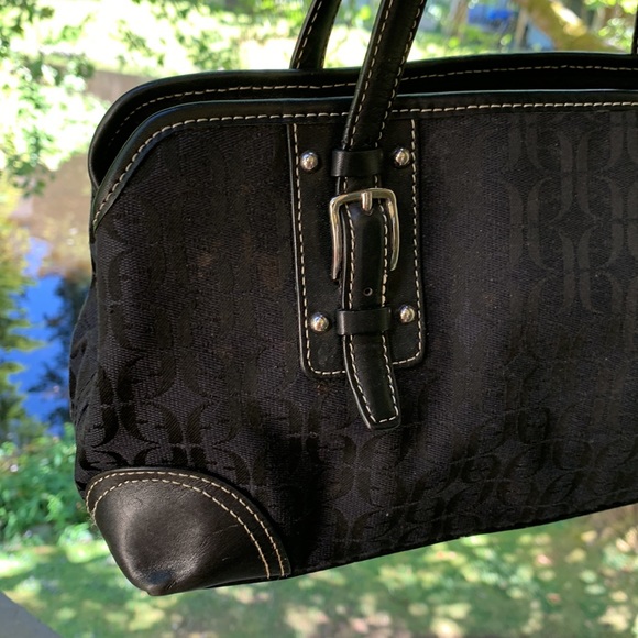 Vintage Fossil Shoulder bag large black leather canvas silver hardware Y2K - Picture 5 of 15